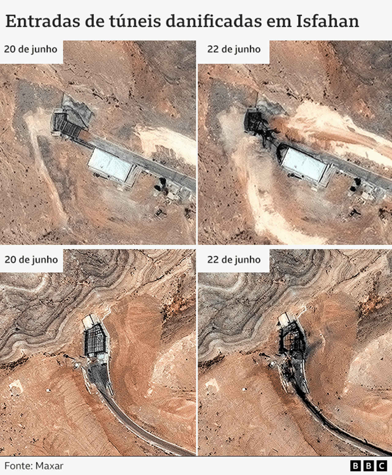 Imagens de satélite das entradas de túneis danificadas em Isfahan - Cédito: BBC